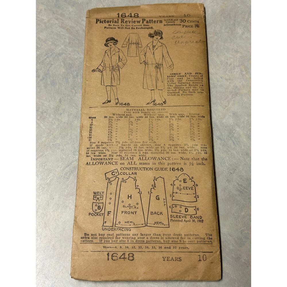 Antique 1920's Pictorial Review Pattern #1648 Girls/Juniors Coat‎ HTF RARE